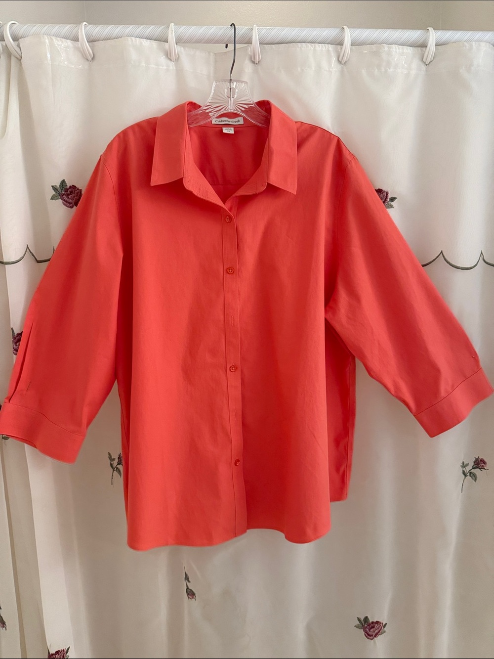 Coldwater Creek Coral Button-Front Shirt w/Three-Quarter Length Sleeves